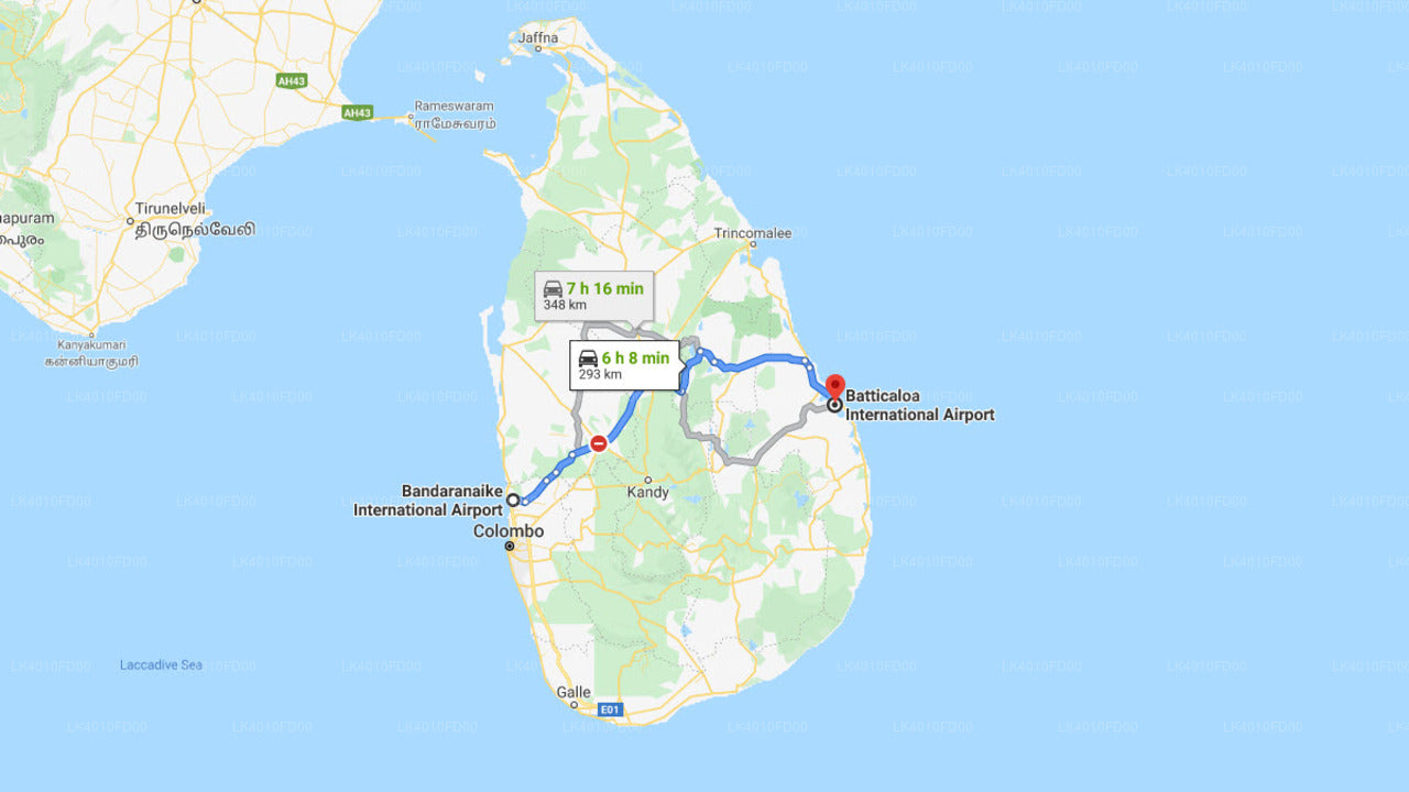 Colombo Airport (CMB) to Batticaloa Airport (BTC) City Private Transfer