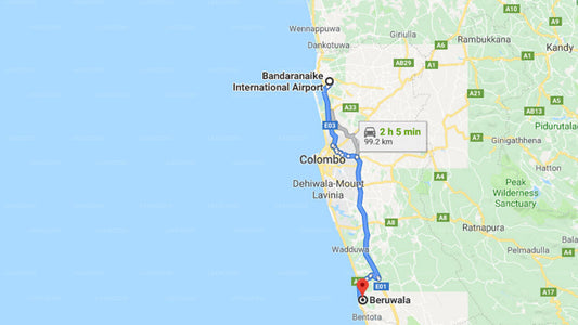 Transfer between Colombo Airport (CMB) and Wornells Reef Hotel, Beruwala