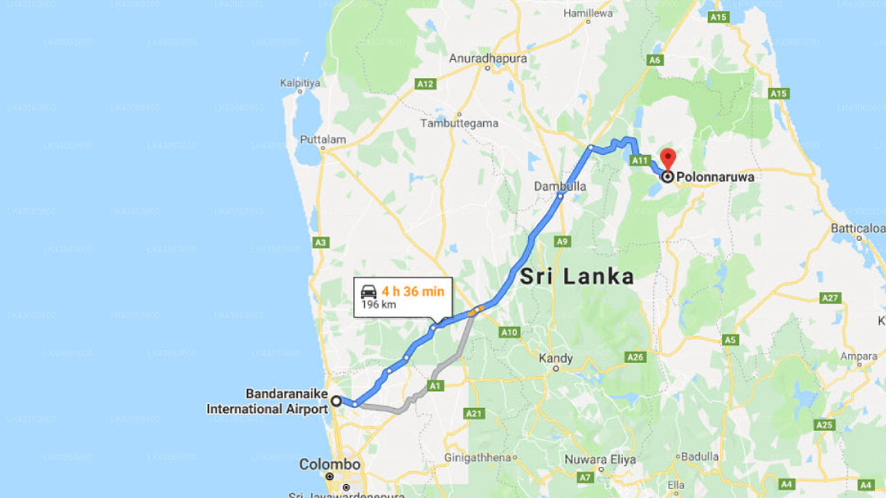 Transfer between Colombo (CMB) Airport and Hotel Sudu Araliya, Polonnaruwa