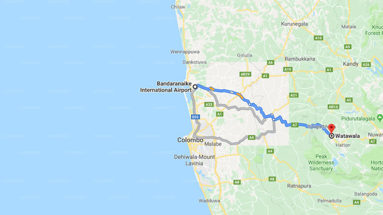 Transfer between Colombo Airport (CMB) and Tea Garden Hotel, Watawala