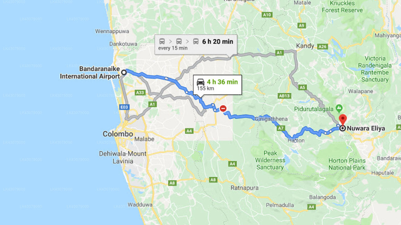 Transfer between Colombo Airport (CMB) and The Rock Hotel, Nuwara Eliya