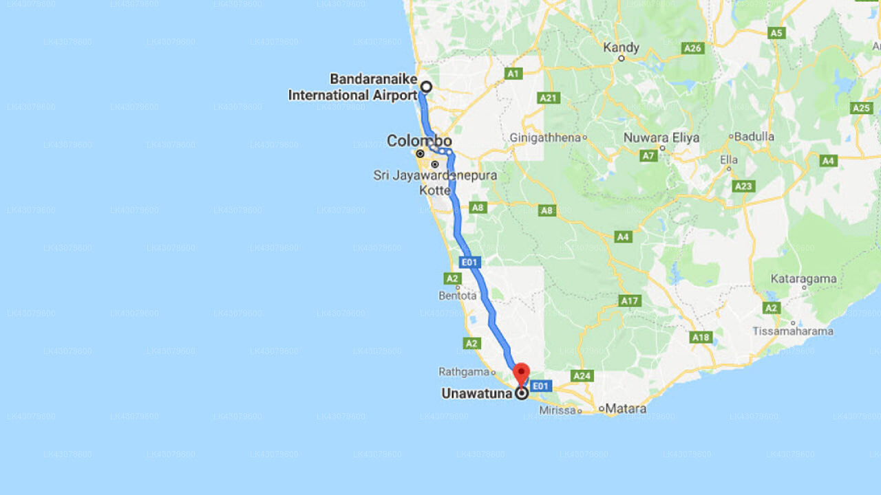 Transfer between Colombo Airport (CMB) and Miltons Beach Resort, Unawatuna