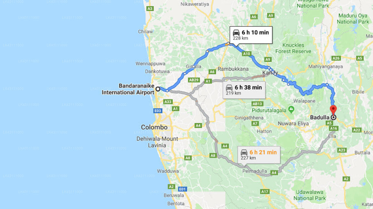 Transfer between Colombo Airport (CMB) and Hotel Sanasta, Badulla