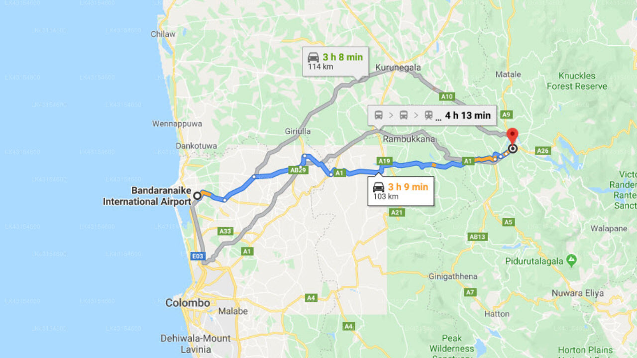 Transfer between Colombo Airport (CMB) and Margaret Villa, Kandy