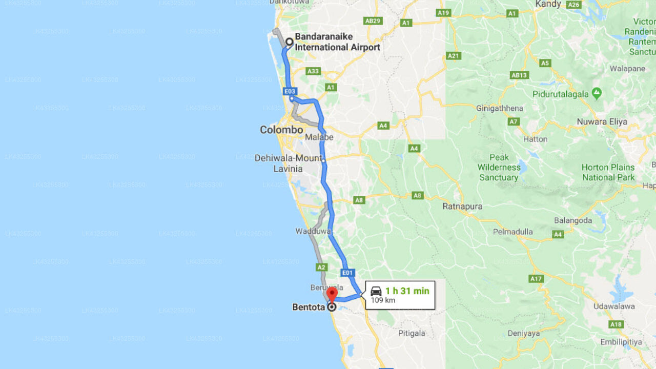 Transfer between Colombo Airport (CMB) and Palm Beach Inn and Sea Shells Cabanas, Bentota